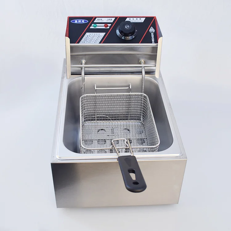 Single-tank commercial electric deep fryer, stainless steel body with lid and wire frying basket